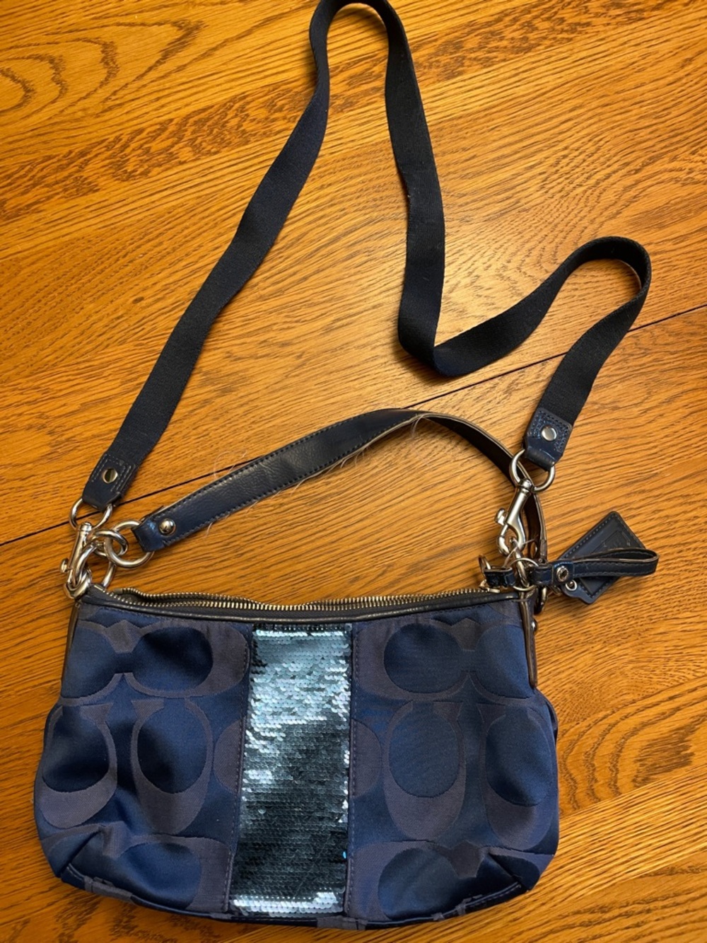 Coach Navy Signature Shoulder Bag with Sequin Accent